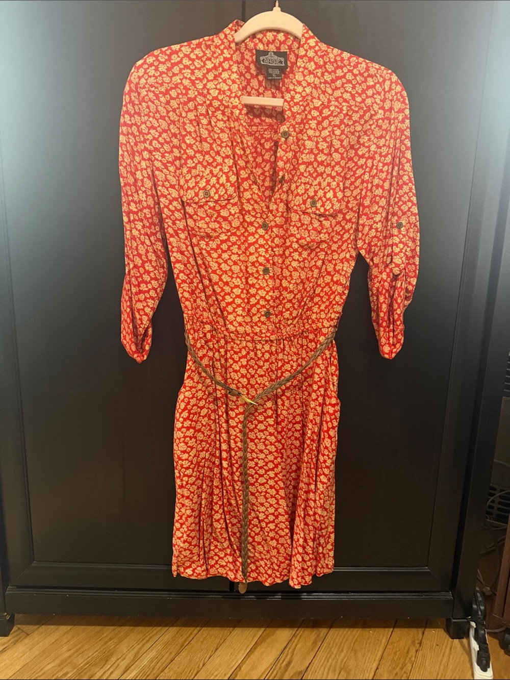 Angie Red Floral Midi Shirt Dress with Tie Belt